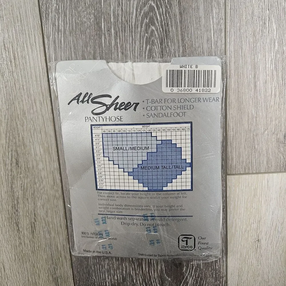 Top Care All Sheer Pantyhose Size Medium Tall White Sandalfoot Cotton Shield New